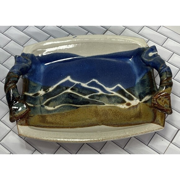 Doe Ridge Pottery Tray Mountain Scene Drip Glaze Signed Modern Artisan Handmade - Picture 4 of 13